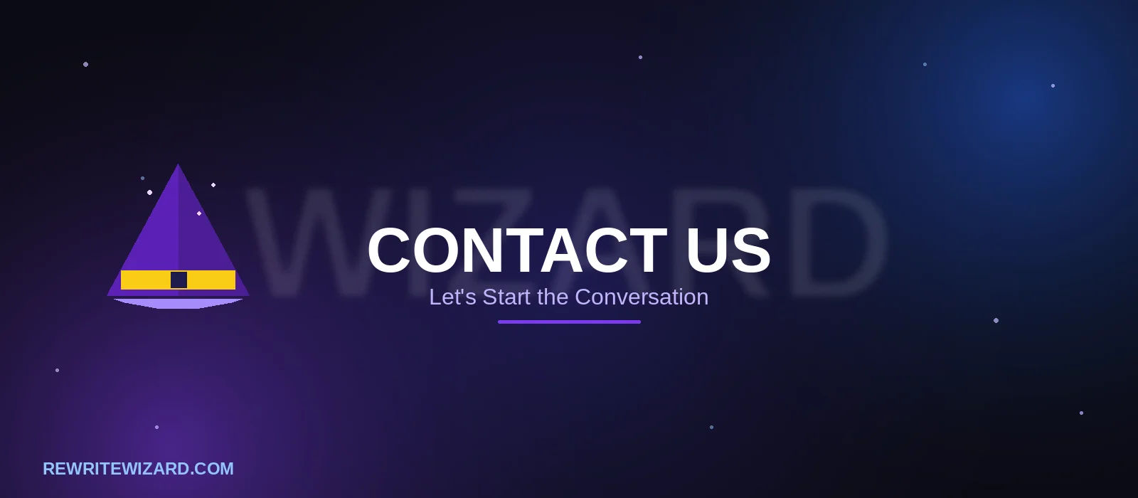 Contact Us banner for RewriteWizard featuring a purple wizard hat icon on a dark blue-purple gradient background