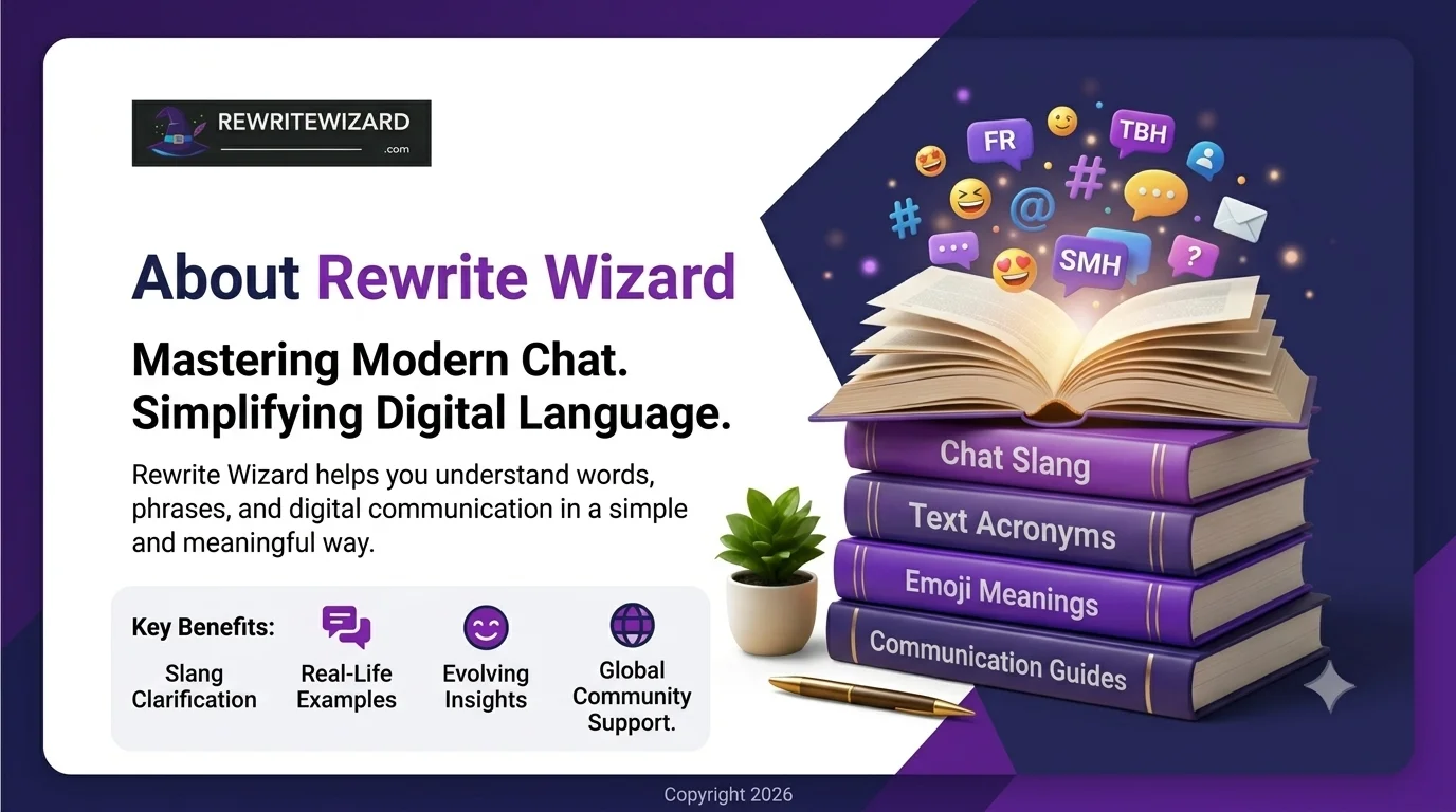 Infographic banner for Rewrite Wizard website about page featuring an open glowing book on a stack of purple books with floating internet slang text bubbles and social media emojis.
